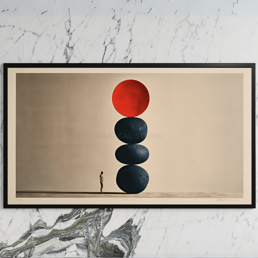 Stacked stones art on a black TV on a white marble wall