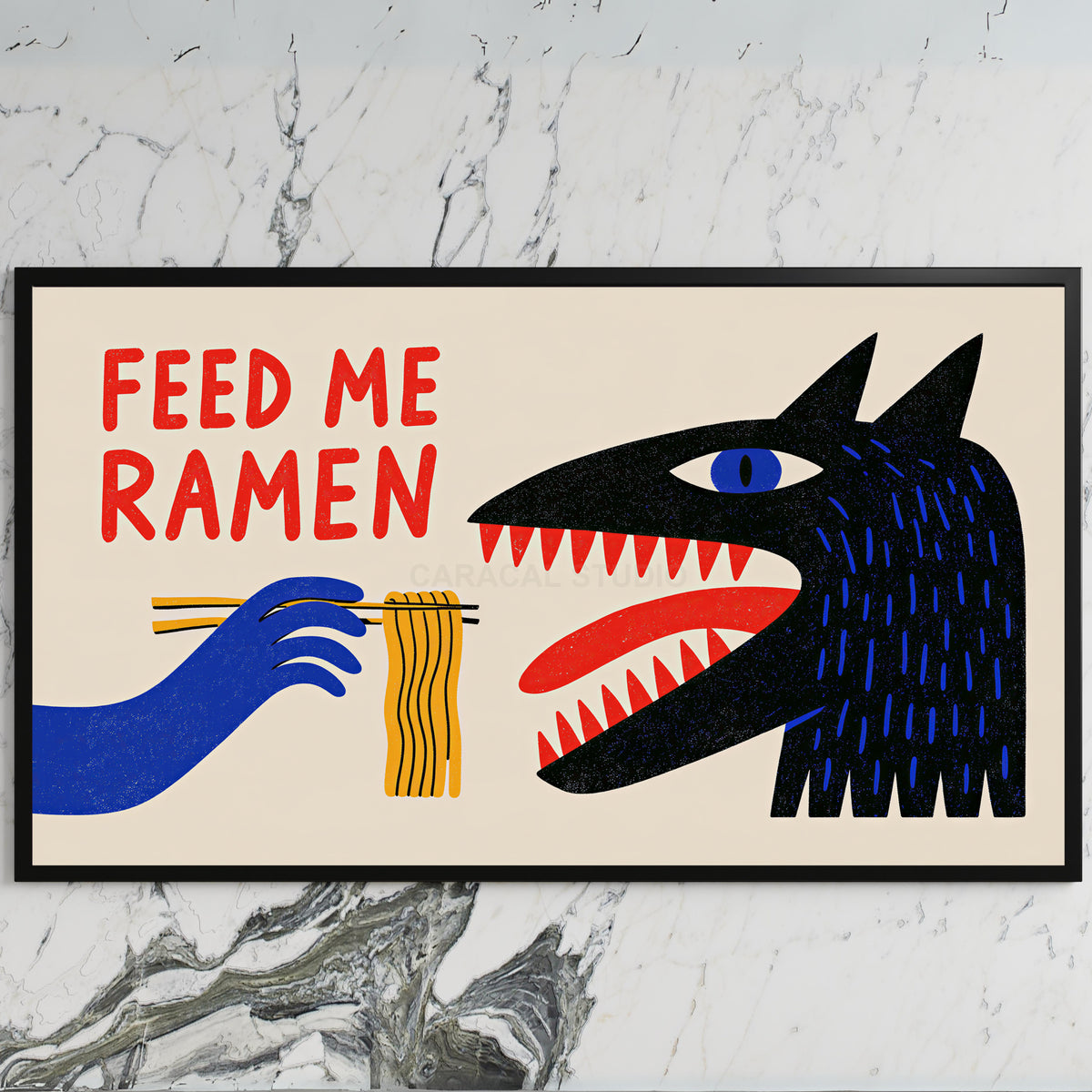 Feed Me Ramen art on a black TV on a white marble wall
