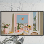 Athens summer still life art on a black TV on a white marble wall