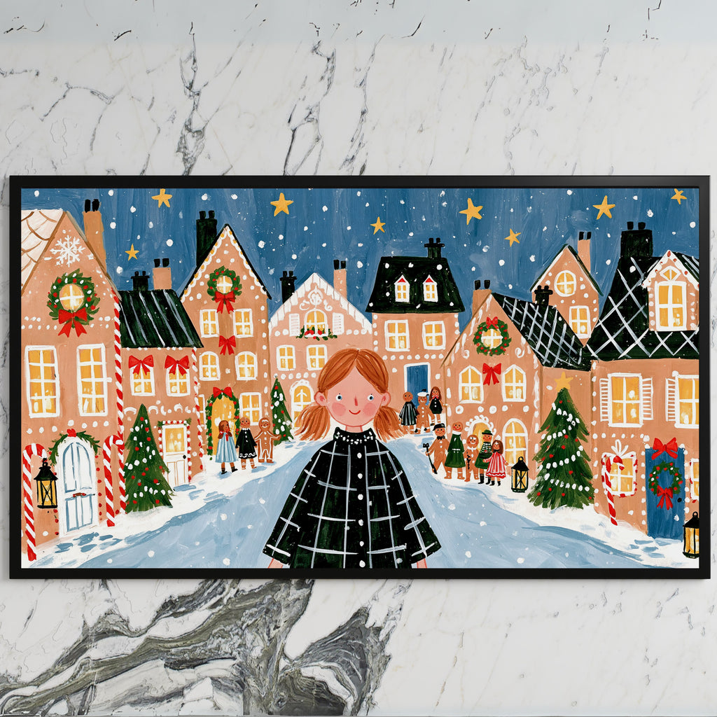 Gingerbread village Christmas art on a black TV on a white marble wall