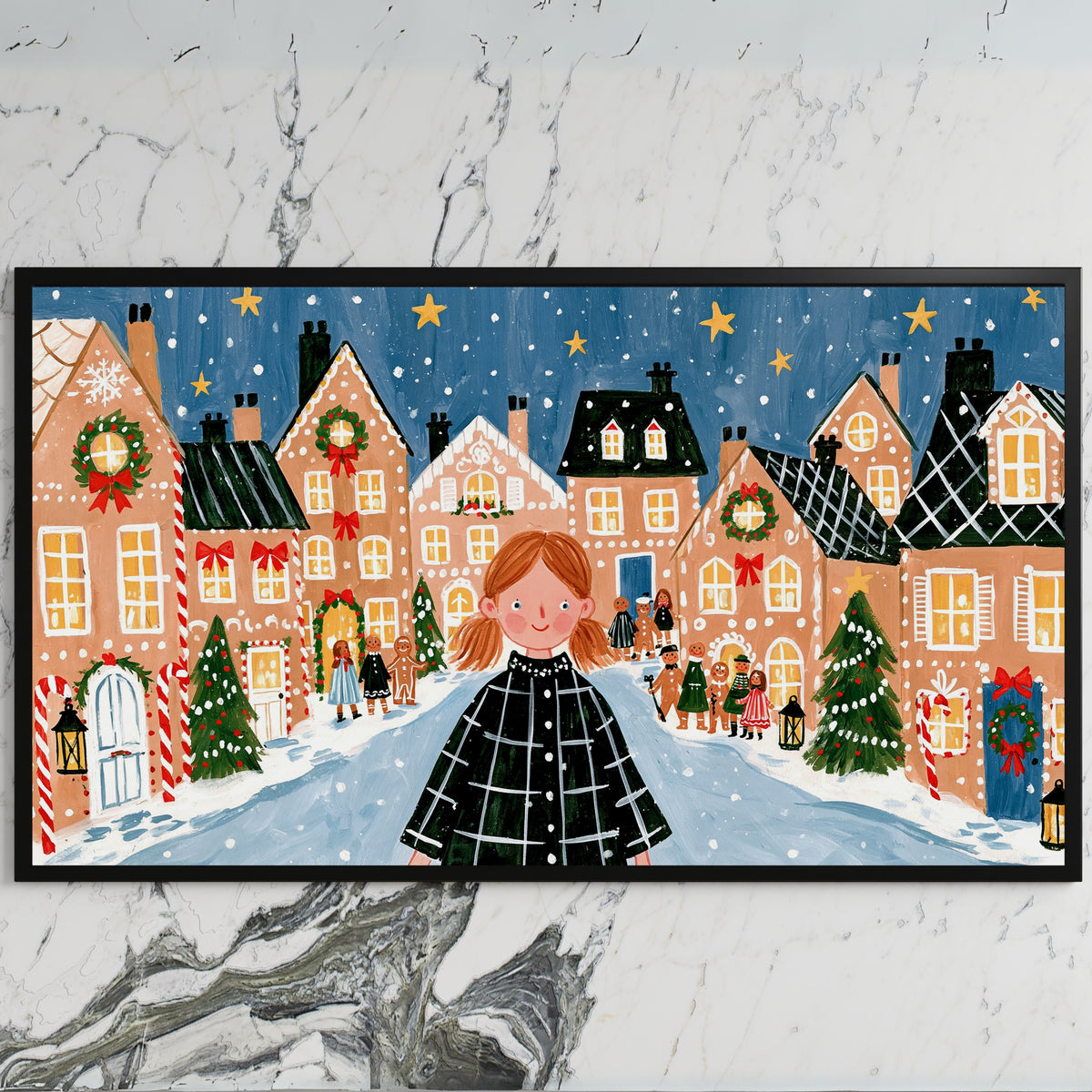 Gingerbread village Christmas art on a black TV on a white marble wall