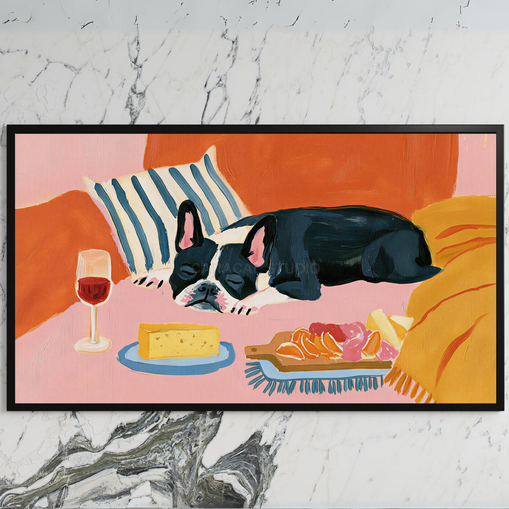 Sleeping French bulldog art on a black TV on a white marble wall