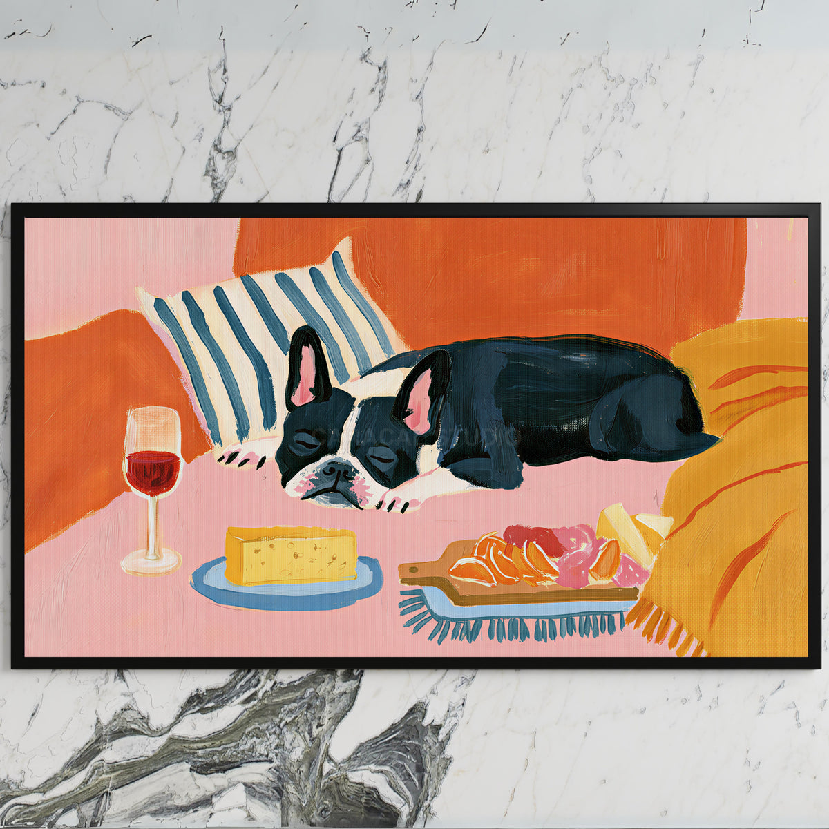 Sleeping French bulldog art on a black TV on a white marble wall
