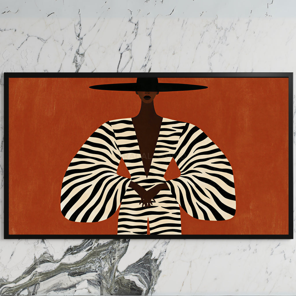 Woman in a zebra coat art on a black TV on a white marble wall