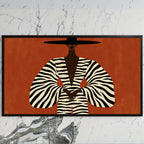 Woman in a zebra coat art on a black TV on a white marble wall
