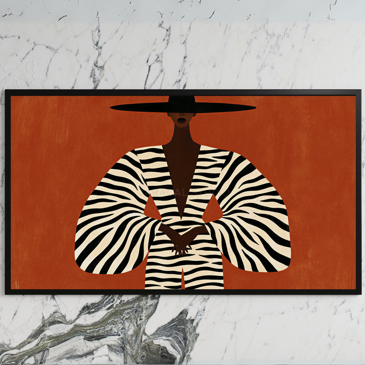 Woman in a zebra coat art on a black TV on a white marble wall