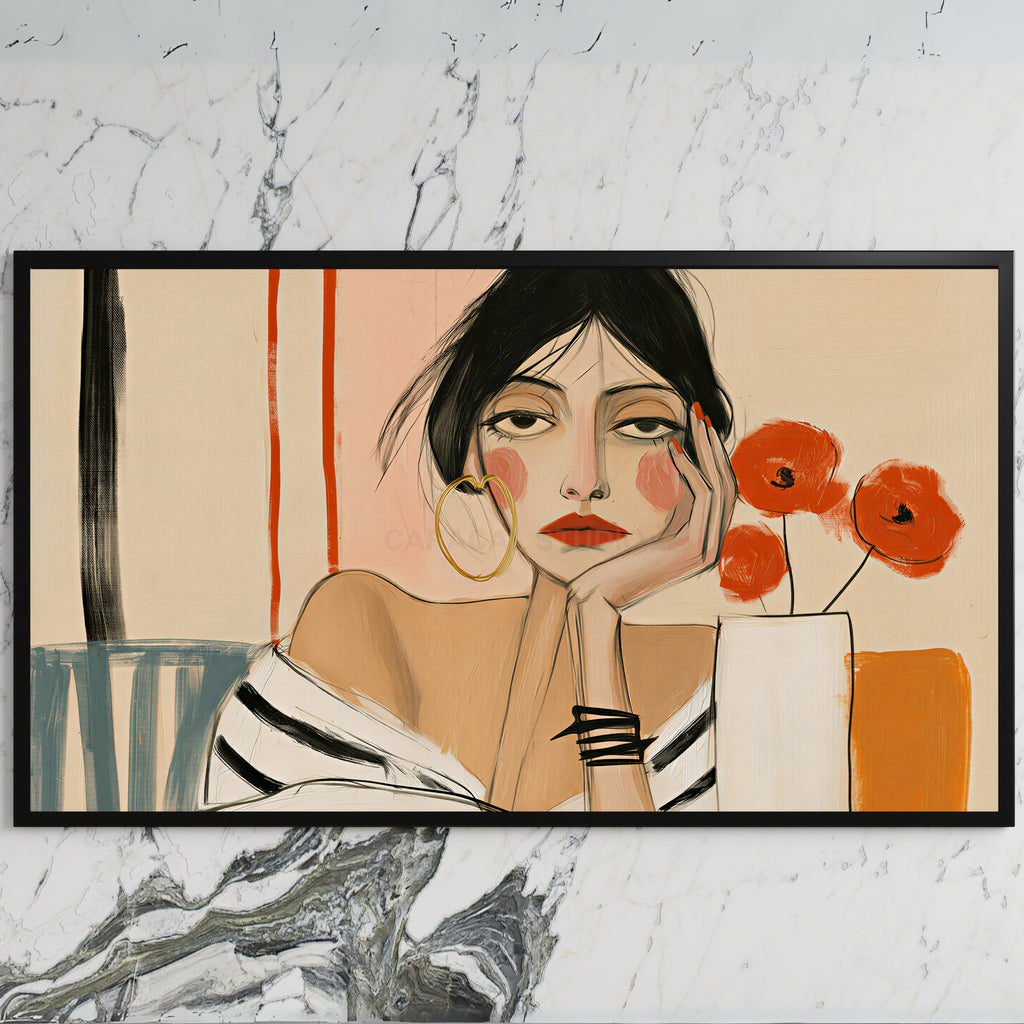 Woman with poppies portrait art on a black TV on a white marble wall