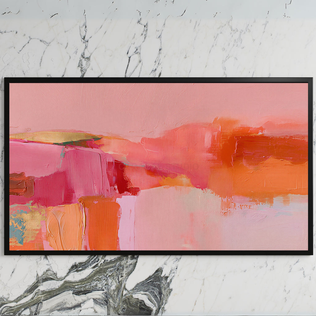 Pink abstract color blocks art on a black TV on a white marble wall