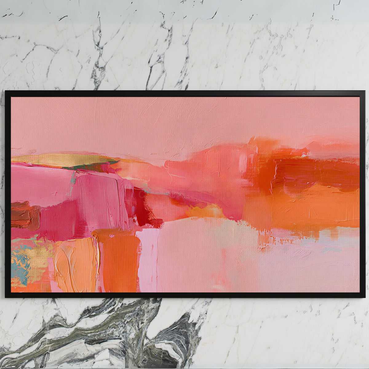 Pink abstract color blocks art on a black TV on a white marble wall