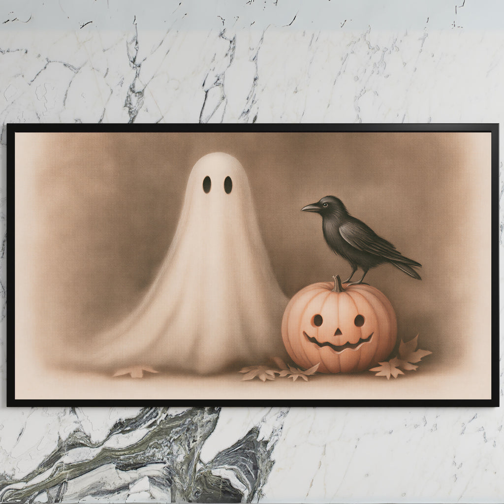 Ghost and crow art on a black TV on a white marble wall
