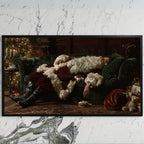 Sleeping Santa art on a black TV on a white marble wall
