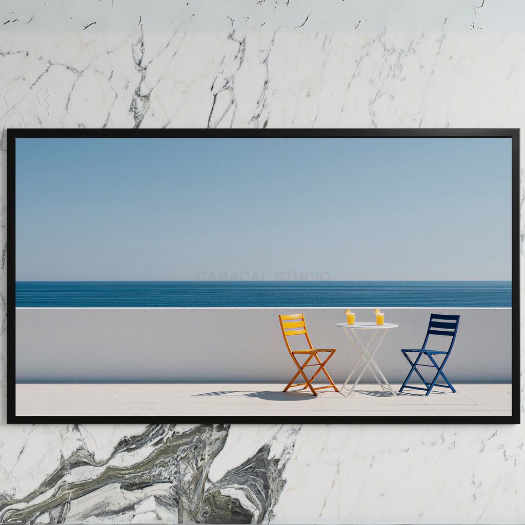 Ocean view terrace art on a black TV on a white marble wall