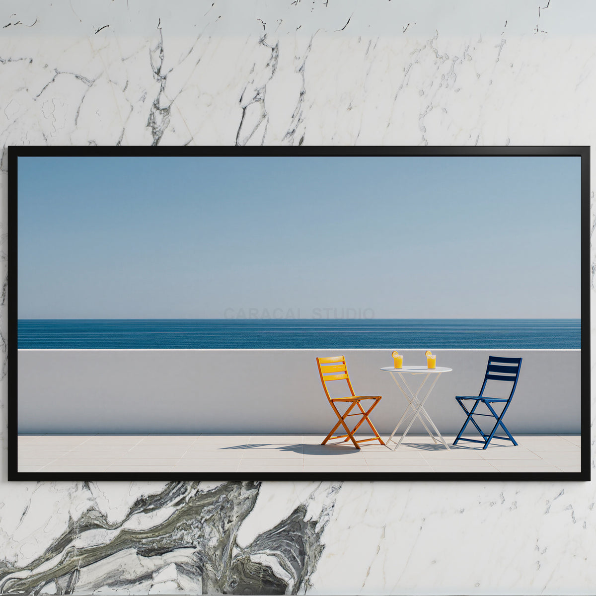 Ocean view terrace art on a black TV on a white marble wall