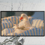 Duck reading in bed art on a black TV on a white marble wall