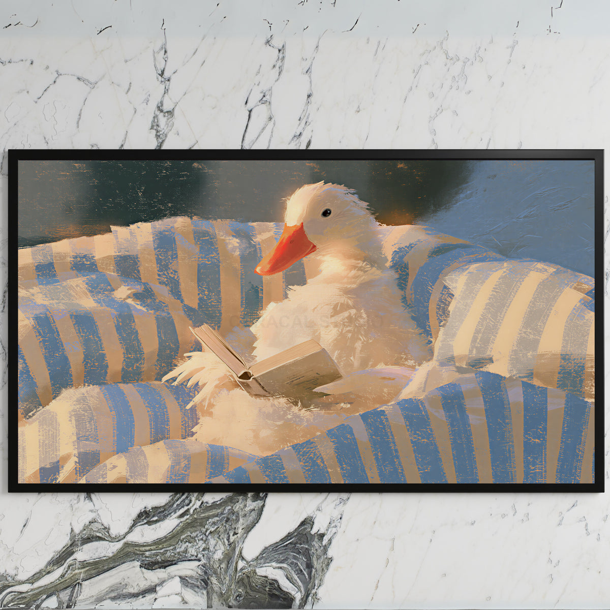 Duck reading in bed art on a black TV on a white marble wall