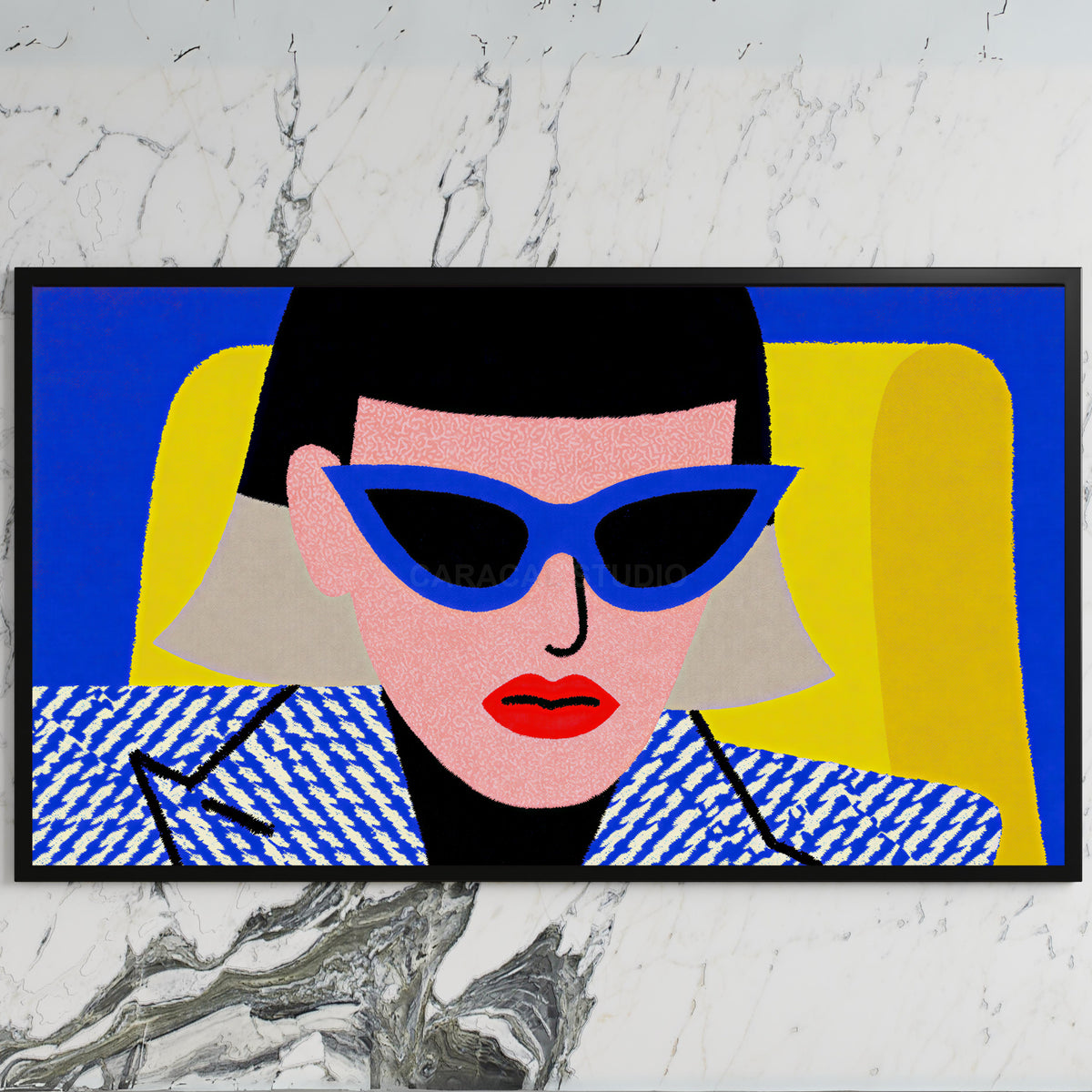 Pop art woman in sunglasses art on a black TV on a white marble wall