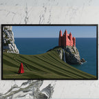 Sea cliff castle art on a black TV on a white marble wall