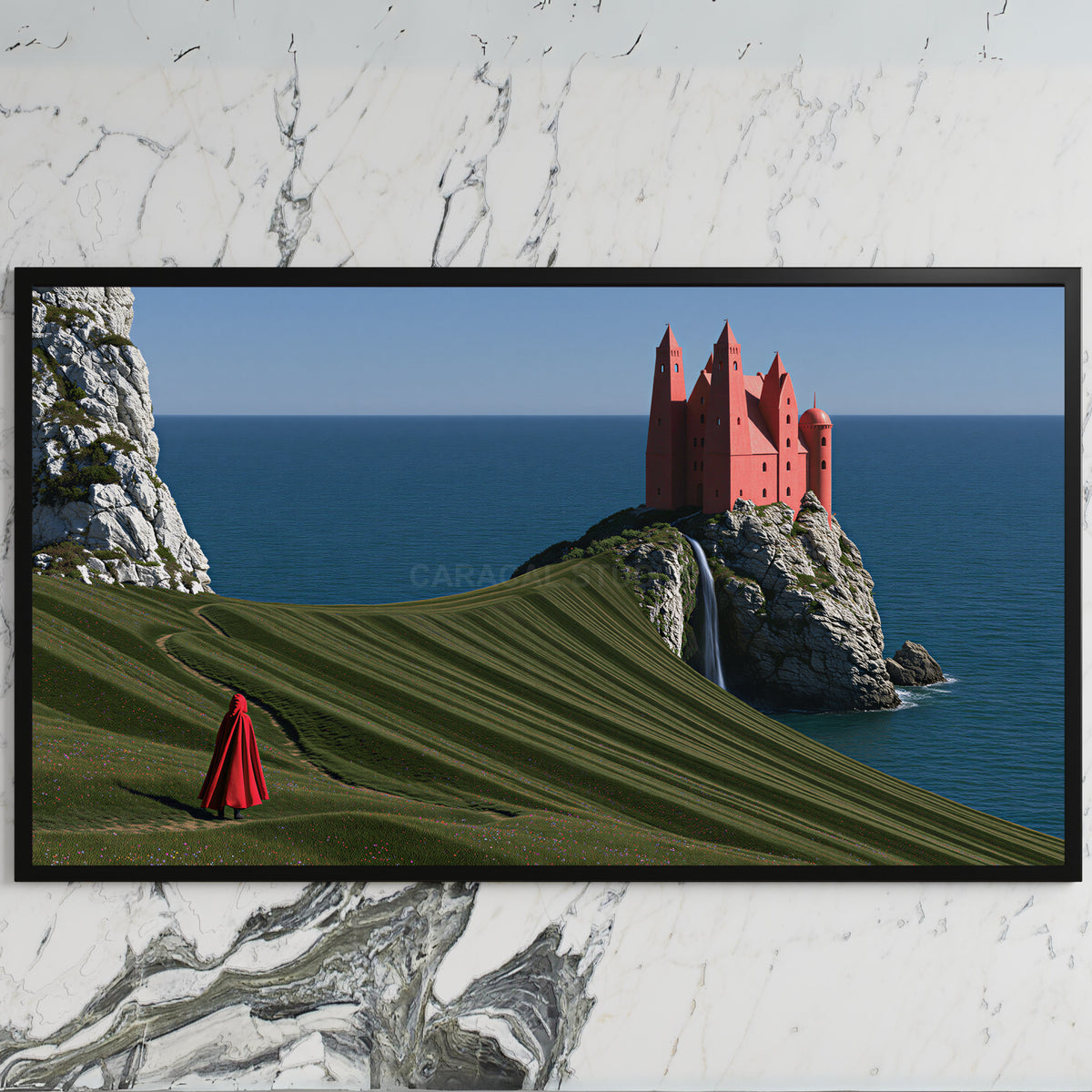 Sea cliff castle art on a black TV on a white marble wall