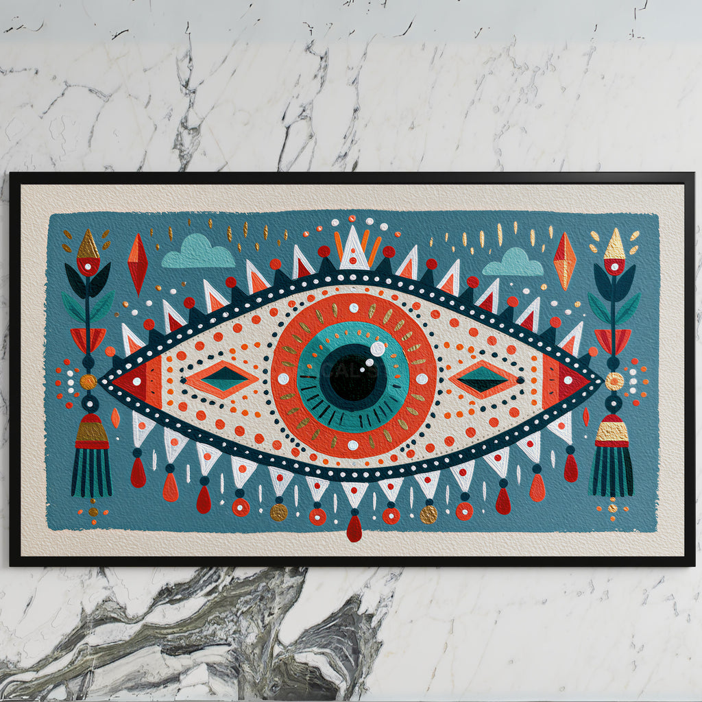 Folk art mystic eye art on a black TV on a white marble wall