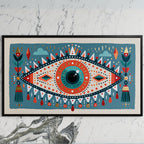 Folk art mystic eye art on a black TV on a white marble wall