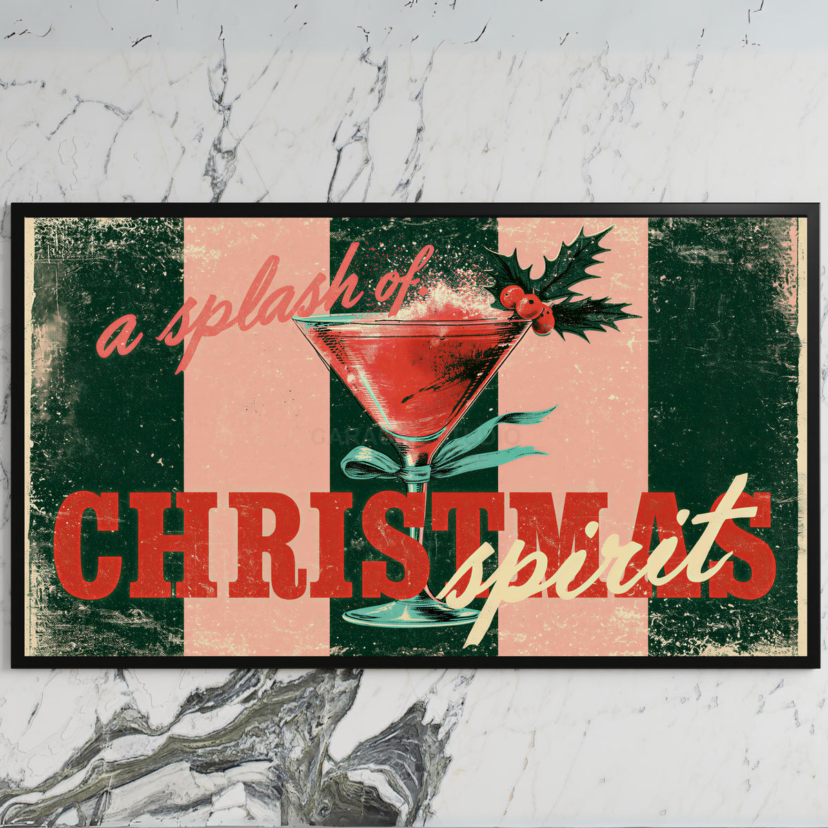Christmas cocktail typography art on a black TV on a white marble wall