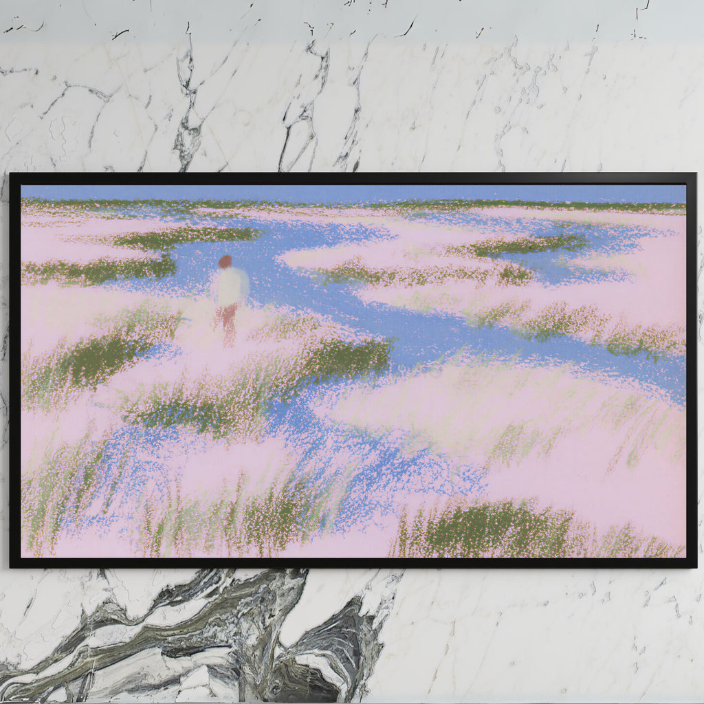 Pastel wetland walker art on a black TV on a white marble wall