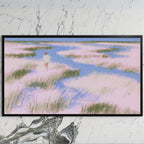 Pastel wetland walker art on a black TV on a white marble wall