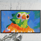 Parrot in a sweater art on a black TV on a white marble wall