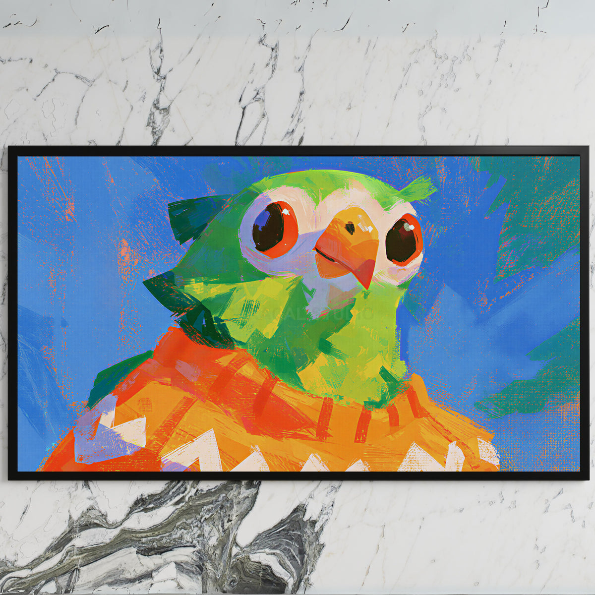 Parrot in a sweater art on a black TV on a white marble wall