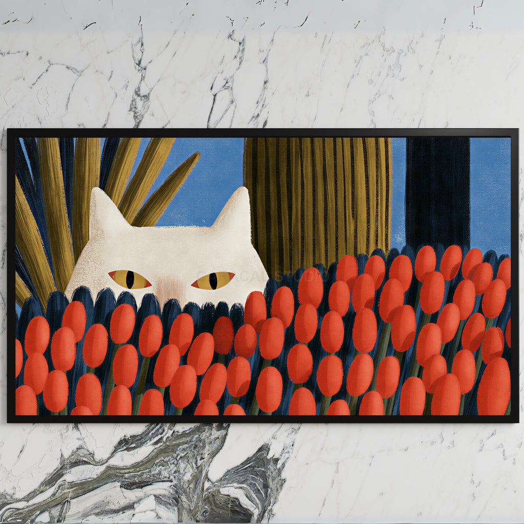 White cat and red tulips art on a black TV on a white marble wall