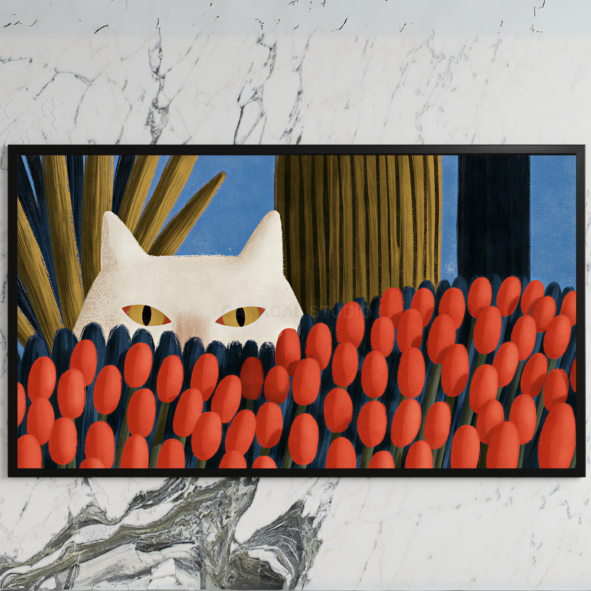 White cat and red tulips art on a black TV on a white marble wall