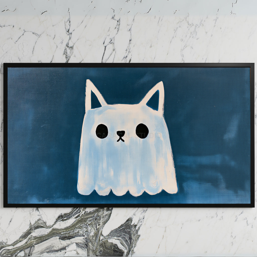 Cat eared ghost art on a black TV on a white marble wall