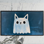 Cat eared ghost art on a black TV on a white marble wall