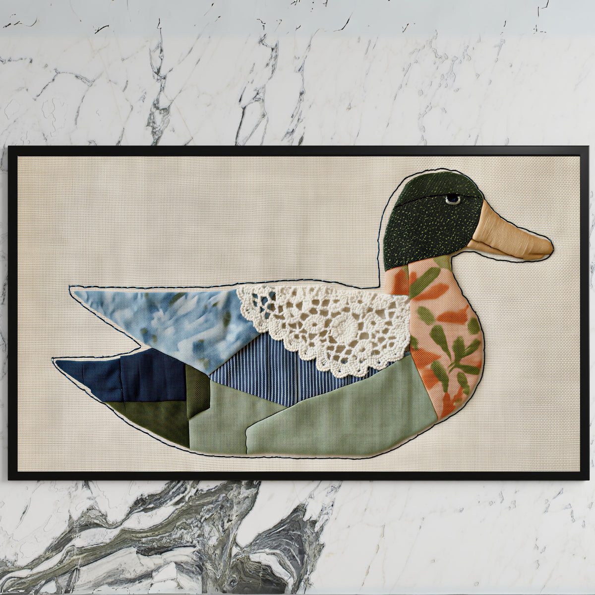 Patchwork duck art on a black TV on a white marble wall