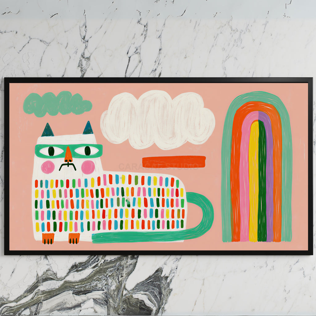 Rainbow cat art on a black TV on a white marble wall