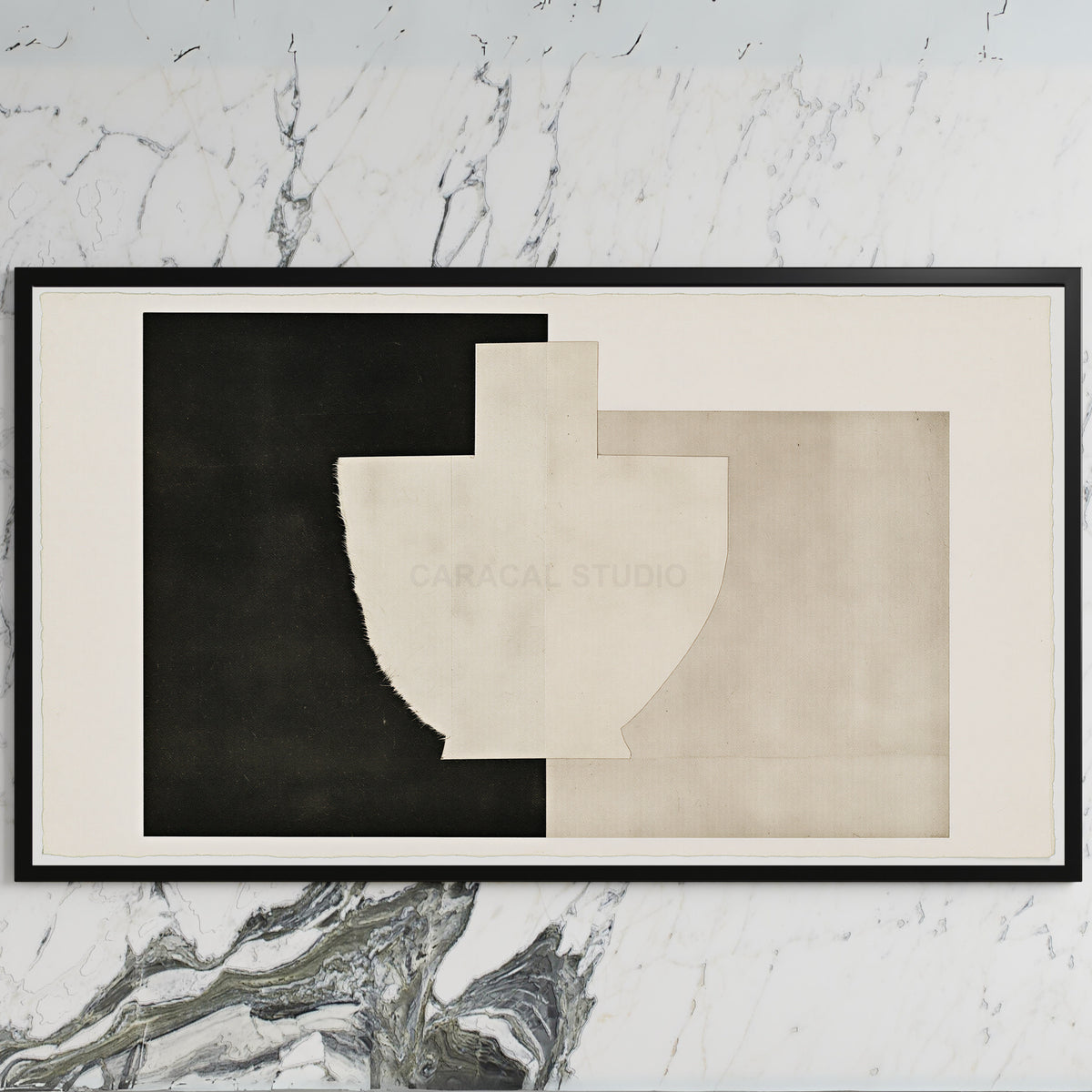 Torn paper vase collage art on a black TV on a white marble wall