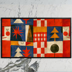 Folk art patchwork art on a black TV on a white marble wall