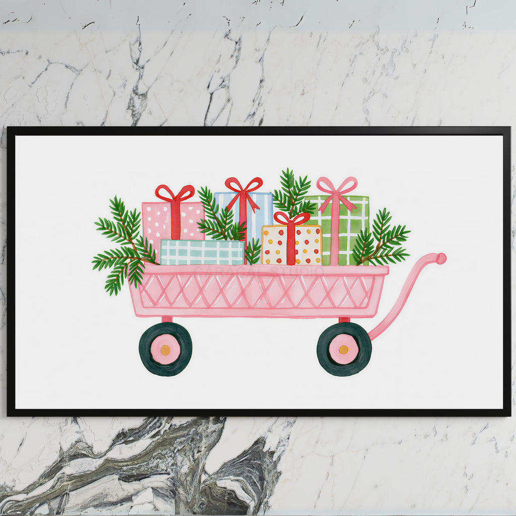 Pink wagon with gifts art on a black TV on a white marble wall