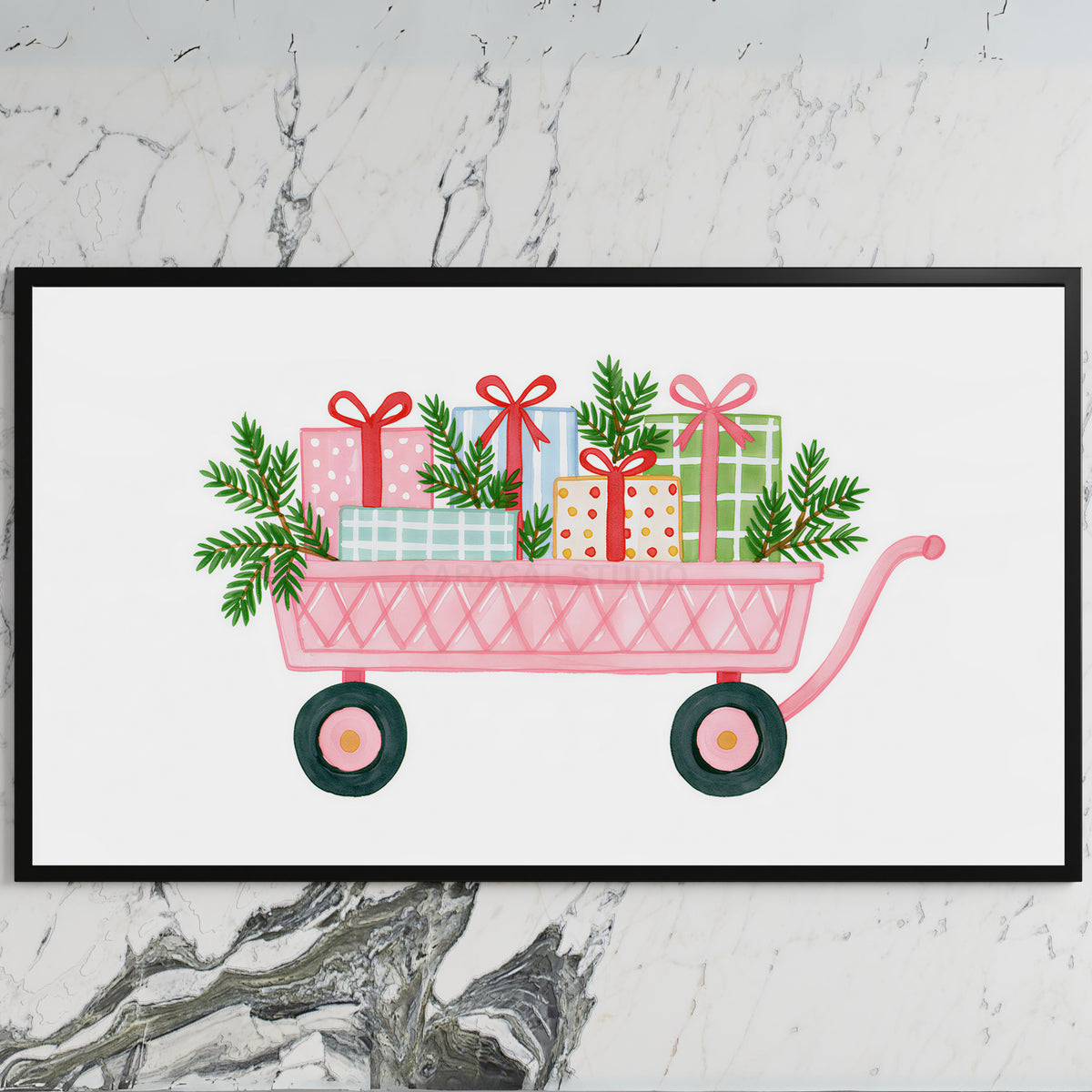 Pink wagon with gifts art on a black TV on a white marble wall
