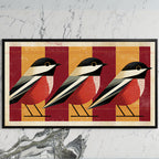 Geometric birds art on a black TV on a white marble wall