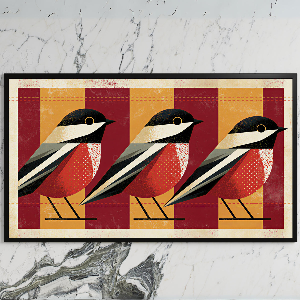 Geometric birds art on a black TV on a white marble wall