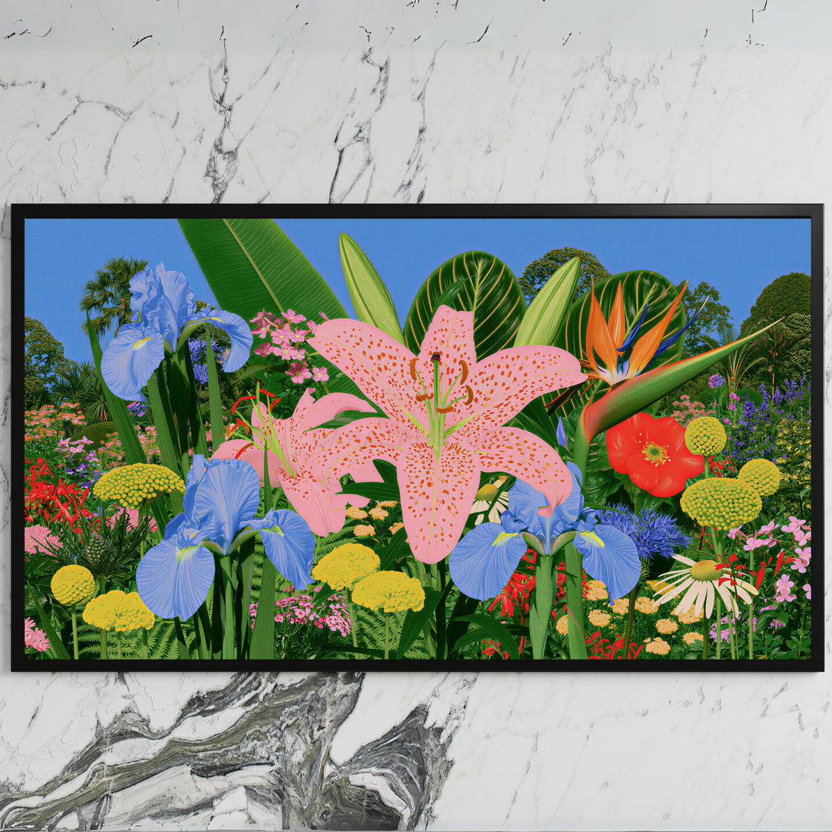 Tropical flower garden art on a black TV on a white marble wall