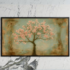 Cherry blossom tree art on a black TV on a white marble wall