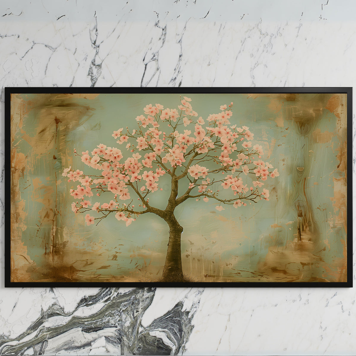 Cherry blossom tree art on a black TV on a white marble wall