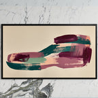 Abstract plum and teal brushstrokes art on a black TV on a white marble wall