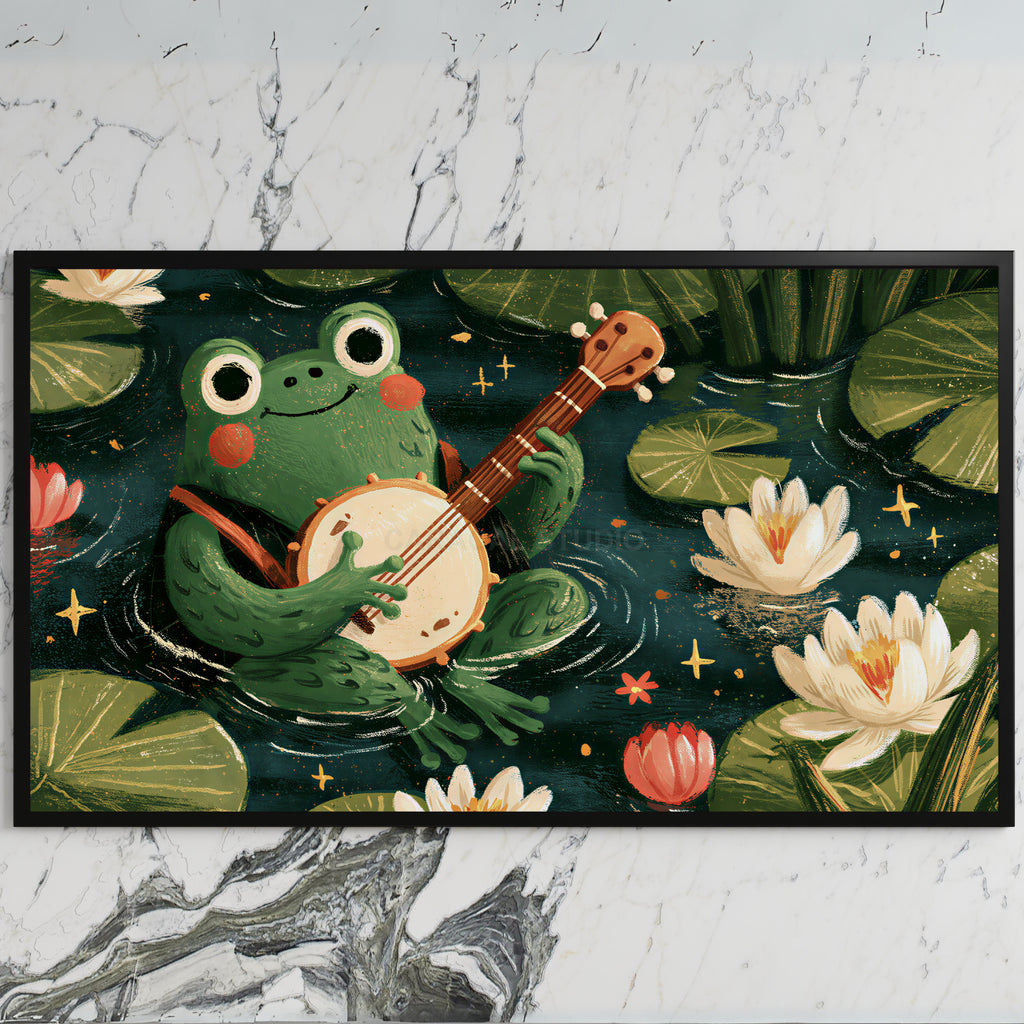 Frog playing a banjo art on a black TV on a white marble wall