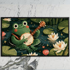Frog playing a banjo art on a black TV on a white marble wall