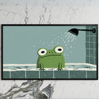 Frog in the shower art on a black TV on a white marble wall