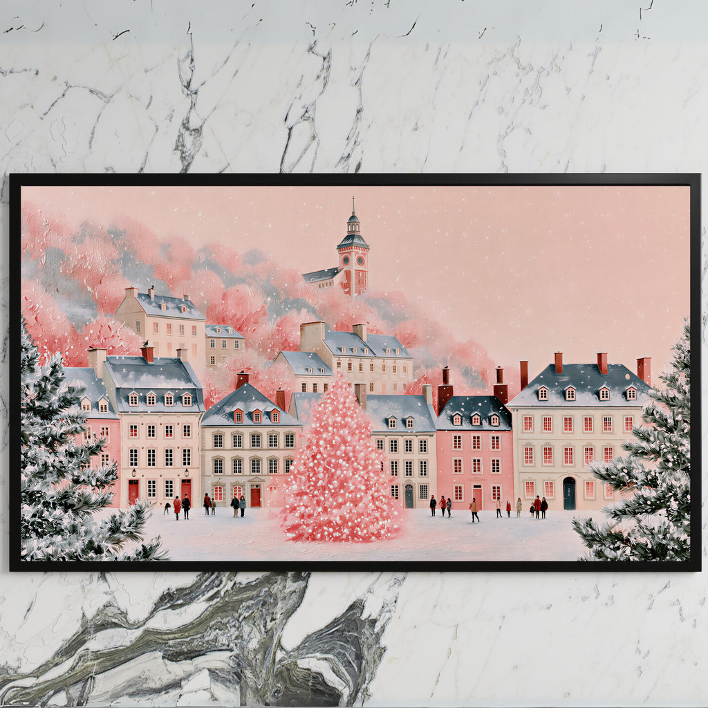 Pink Christmas village art on a black TV on a white marble wall