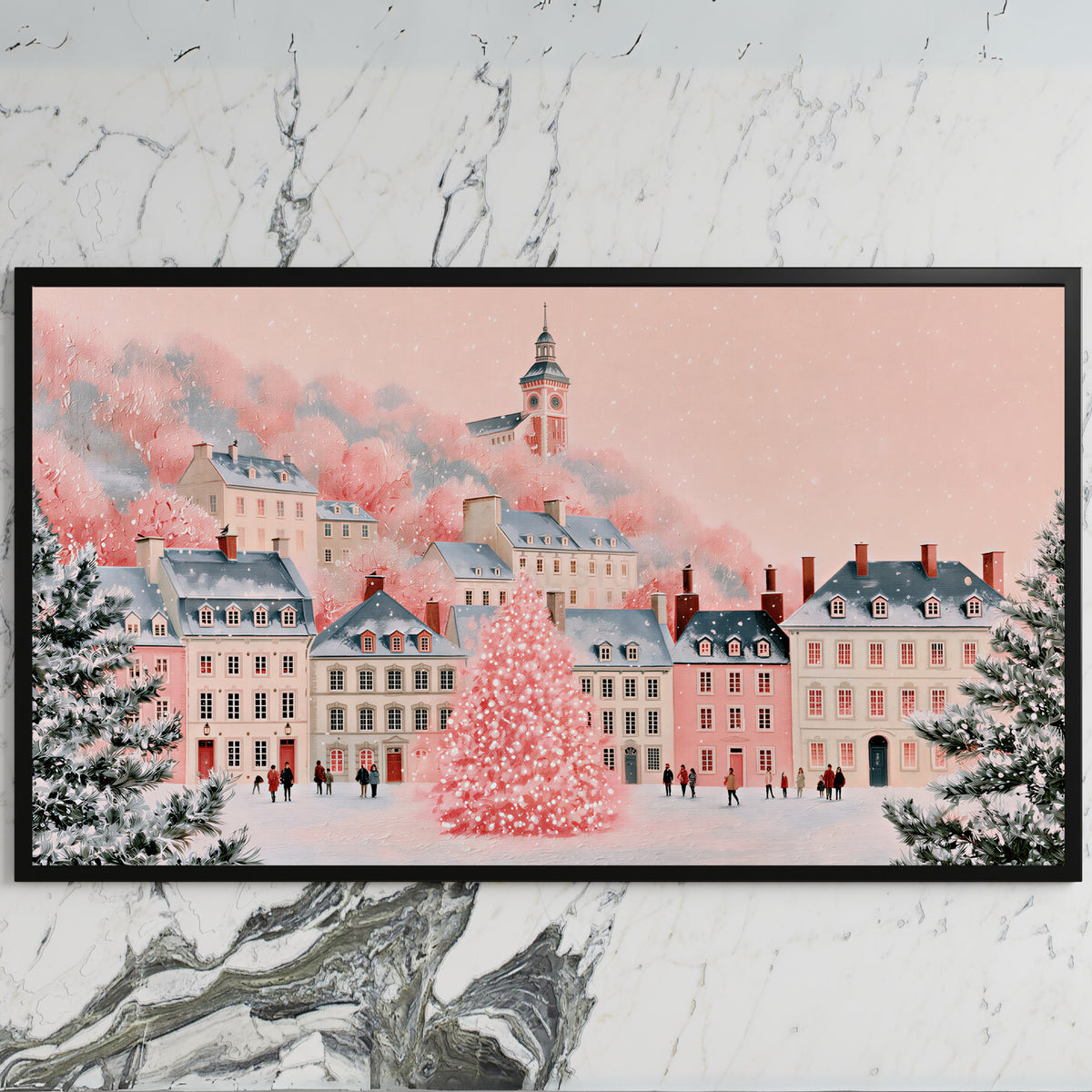 Pink Christmas village art on a black TV on a white marble wall